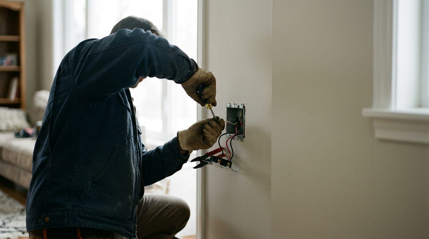 An electrician installs or repairs a wall outlet in a bright residential interior.